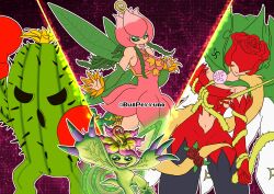Rule 34 | absurdres, boxing gloves, cactus, cape, covered eyes, digimon, digimon (creature), fairy, flower, highres, lilimon, mask, monster girl, palmon, petals, plant, plant girl, reptile, rosemon, sharp teeth, spines, teeth, togemon