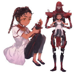 Rule 34 | 1boy, 1girl, aged down, animification, apex legends, black pants, brown hair, classic revenant, closed eyes, collarbone, dark-skinned female, dark skin, dress, hair behind ear, holding, holding toy, humanoid robot, lifting person, loba (apex legends), looking down, pants, revenant (apex legends), robot, science fiction, shourou kanna, simulacrum (titanfall), toy, white dress