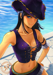Rule 34 | 1girl, absurdres, armlet, blue eyes, blunt bangs, breasts, cleavage, commentary, cowboy hat, crop top, cross-laced clothes, cross-laced top, hand on own hip, hat, highres, looking at viewer, medium breasts, medium hair, navel, nico robin, one piece, purple shirt, sduniverse, shirt, sidelocks, skirt, sleeveless, sleeveless shirt, smile, solo, water