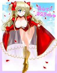 Rule 34 | 10s, 1girl, armor, armored boots, bent over, blonde hair, blue eyes, blush, boots, bow, breasts, cleavage, clothes lift, cosplay, dress, dress lift, epaulettes, fate/extra, fate (series), full body, gold footwear, gold trim, hair bow, high heel boots, high heels, large breasts, leotard, liseanon, liz hohenstein, long hair, looking at viewer, muv-luv, muv-luv alternative, nero claudius (fate), nero claudius (fate) (all), nero claudius (fate/extra), nero claudius (fate/extra) (cosplay), one eye closed, open mouth, petals, red bow, red dress, schwarzesmarken, see-through, see-through sleeves, sky, solo, standing, two side up, very long hair, white leotard