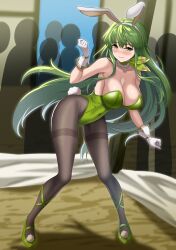 Rule 34 | 1girl, absurdres, alternate costume, animal ears, bare shoulders, blush, breasts, choker, cleavage, commentary request, covered navel, crowd, fake animal ears, fake tail, fire emblem, fire emblem: shadow dragon and the blade of light, gloves, green choker, green footwear, green hair, grey eyes, grey pantyhose, hand up, highres, large breasts, leaning forward, long hair, looking at viewer, nintendo, palla (fire emblem), pantyhose, rabbit ears, rabbit tail, shoes, sirano, standing, tail, thighband pantyhose, very long hair, white gloves