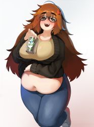 Rule 34 | 1girl, absurdres, belly, black sweater, blue pants, blush, bow, breasts, brown hair, bursting belly, collarbone, fat, fate/extra, fate/extra ccc, fate (series), glasses, grey eyes, hair bow, highres, jinako carigiri, large breasts, long hair, long sleeves, looking at viewer, navel, naze, open mouth, pants, plump, shirt, smile, solo, stomach, sweater, thighs, yellow shirt