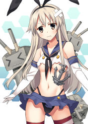 Rule 34 | &gt; &lt;, 10s, 1girl, anchor hair ornament, bandaid, black panties, blonde hair, blue skirt, breasts, brown eyes, closed eyes, crop top, crop top overhang, elbow gloves, gloves, hair ornament, hairband, hoshi ichi, kantai collection, long hair, looking at viewer, microskirt, midriff, navel, panties, personification, rensouhou-chan, shimakaze (kancolle), skirt, small breasts, striped clothes, striped thighhighs, tears, thighhighs, torn clothes, underboob, underwear, wavy mouth, white gloves, x x