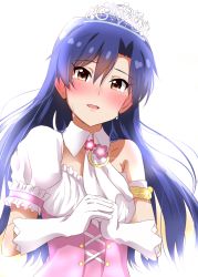 Rule 34 | 1girl, arm strap, ascot, asymmetrical sleeves, blue hair, blush, brown eyes, choker, collarbone, crying, crying with eyes open, dars (recolors), diadem, floating hair, gloves, hair between eyes, head tilt, idolmaster, idolmaster (classic), kisaragi chihaya, long hair, open mouth, simple background, solo, tears, uneven sleeves, upper body, very long hair, white ascot, white background, white gloves