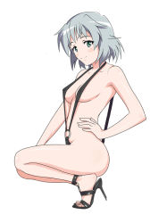 Rule 34 | 1girl, black footwear, black one-piece swimsuit, blush, breasts, closed mouth, collarbone, eyebrows, female focus, green eyes, groin, hand on own hip, high heels, looking at viewer, looking to the side, medium breasts, monochrome background, monousa, one-piece swimsuit, sanya v. litvyak, shiny skin, short hair, simple background, slingshot swimsuit, smile, solo, strike witches, swimsuit, white background, white hair, world witches series