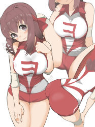 Rule 34 | 1girl, absurdres, ass, breasts, brown eyes, brown hair, elbow pads, girls und panzer, hand on own chest, hand on own knee, hand on own thigh, head out of frame, head tilt, headband, highres, knee pads, kondou taeko, large breasts, leaning forward, looking at viewer, medium hair, multiple views, open mouth, pantylines, parted lips, red headband, red shirt, red shorts, shirt, short shorts, shorts, simple background, single vertical stripe, sitting, sleeveless, sleeveless shirt, smile, sportswear, standing, sweatdrop, thigh gap, translated, volleyball uniform, white background, yabai gorilla