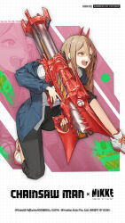 Rule 34 | 1girl, black necktie, black pants, chainsaw man, collared shirt, cross-shaped pupils, crossover, demon girl, demon horns, goddess of victory: nikke, grid background, gun, highres, holding, holding gun, holding weapon, horns, jacket, jacket partially removed, long hair, looking at viewer, necktie, official art, open mouth, pants, pants rolled up, power (chainsaw man), red horns, sharp teeth, shirt, shirt partially tucked in, smile, symbol-shaped pupils, teeth, weapon, white shirt, yellow eyes
