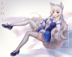 Rule 34 | + +, 1girl, absurdres, animal ear fluff, animal ears, blue eyes, blue skirt, character name, commentary, dayshiart, english commentary, fang, fox ears, fox girl, fox tail, highres, indie virtual youtuber, long hair, lumi (merryweather), open hand, open mouth, pouch, skirt, solo, tail, thighhighs, very long hair, virtual youtuber, white hair