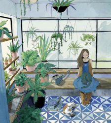 Rule 34 | 1girl, blue dress, boots, brown hair, cactus, cat, chiruda, dress, closed eyes, fern, gardening, green theme, greenhouse, long hair, looking down, original, plant, solo, summer, watering can, wide shot