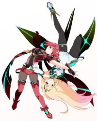 Rule 34 | 2girls, absurdres, bare shoulders, black gloves, black legwear, blonde hair, bob cut, breasts, brown legwear, chest jewel, commentary request, dress, earrings, elbow gloves, fingerless gloves, gloves, highres, jewelry, large breasts, long hair, multiple girls, mythra (massive melee) (xenoblade), mythra (xenoblade), nayuta-kanata, nintendo, pantyhose, pantyhose under shorts, pyra (xenoblade), red eyes, red hair, red legwear, red shorts, short dress, short hair, short shorts, shorts, simple background, super smash bros., swept bangs, thigh strap, thighhighs, tiara, very long hair, white background, white dress, white footwear, white gloves, xenoblade chronicles (series), xenoblade chronicles 2, yellow eyes