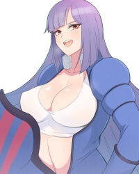 bodysuit breasts gundam highres large_breasts long_hair mobile_suit_gundam navel open_clothes pilot_suit purple_hair red_eyes roux_louka zz_gundam