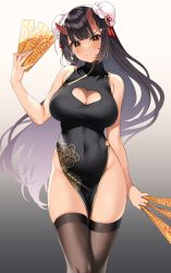 Rule 34 | 1girl, absurdres, bare arms, bare shoulders, black dress, black hair, breasts, brown eyes, brown thighhighs, bun cover, china dress, chinese clothes, cleavage, cleavage cutout, closed mouth, clothing cutout, commentary request, covered navel, double bun, dress, enjo kouhai, gold trim, hair bun, hand up, heart cutout, highres, holding, horns, impossible clothes, impossible dress, large breasts, long hair, looking at viewer, no panties, oni horns, origamine ouka, pelvic curtain, print dress, serious, sleeveless, sleeveless dress, solo, standing, takunomi, tassel, thighhighs, thighs, v-shaped eyebrows, very long hair