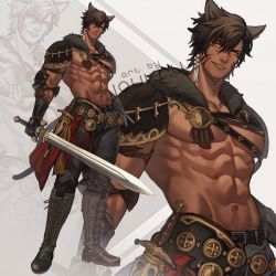 Rule 34 | 1boy, abs, animal ears, artist name, bara, belt, biceps, boots, brown hair, cat, commission, dagger, ear piercing, earrings, final fantasy, final fantasy xiv, gauntlets, highres, jewelry, jouvru, knife, looking at viewer, male focus, muscular, muscular male, navel, original, pants, pectoral cleavage, pectorals, piercing, shoulder pads, smile, solo, sword, tail, tiger stripes, topless male, warrior of light (ff14), weapon, yellow eyes