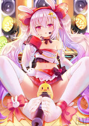 Rule 34 | 1girl, animal ears, ankle ribbon, azur lane, baozi, bare shoulders, bow, breasts, detached sleeves, feet on toy, food, holding with feet, hair between eyes, hair bow, hairband, headset, highres, laffey (azur lane), laffey (bunny idol @unmotivated) (azur lane), leg ribbon, long hair, long sleeves, looking at viewer, microphone, midriff, navel, pantyhose, plaid, plaid skirt, pleated skirt, rabbit ears, red eyes, ribbon, sitting, skirt, solo, spread legs, sxbzero, thighhighs, twintails, very long hair, white pantyhose, white thighhighs