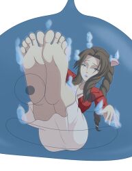 1girl aerith_gainsborough asphyxiation bad_end barefoot braid braided_ponytail brown_hair defeat digesting_girl digestion dragon_quest drowning dying elmonais feet final_fantasy final_fantasy_vii foot_focus helpless imminent_death monster peril slime_(creature) slime_(dragon_quest) soles toes vore
