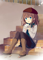 Rule 34 | beret, blue eyes, blue skirt, blush, boots, brick, brown footwear, brown hair, eating, food, hat, holding, holding food, knee boots, looking at viewer, open mouth, original, pantyhose, sitting, skirt, solo, stairs, sutorora