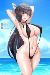 Rule 34 | 1girl, absurdres, areola slip, armpits, arms up, artist name, bare shoulders, black hair, black slingshot swimsuit, blue sky, blush, breasts, brown eyes, cleavage, cloud, collarbone, commentary, covered erect nipples, cowboy shot, criss-cross halter, d.d.g (ddg3420), day, female pubic hair, goddess of victory: nikke, halterneck, highres, large breasts, long hair, looking at viewer, marciana (nikke), navel, navel piercing, ocean, open mouth, outdoors, piercing, pubic hair, pubic hair peek, sidelocks, sky, slingshot swimsuit, solo, standing, stomach, swimsuit, textless version