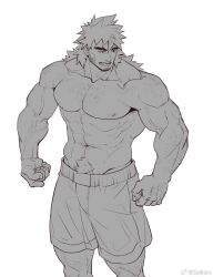 Rule 34 | 1boy, abs, arm hair, arms at sides, bara, broad shoulders, chest hair, facial hair, feet out of frame, goatee stubble, greyscale, hairy, hand hair, highres, huge eyebrows, large pectorals, leg hair, long hair, looking to the side, male focus, mature male, monochrome, muscular, muscular male, navel, navel hair, nipples, open mouth, original, pectorals, sanpaku, selkiro, shorts, sideburns stubble, solo, sparse chest hair, spiked hair, standing, stomach, stubble, thick navel hair, topless male, v-taper, veins, veiny arms
