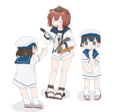 Rule 34 | 3girls, bag, black eyes, black hair, black one-piece swimsuit, bob cut, brown hair, closed eyes, commentary request, daitou (kancolle), dress, full body, hat, headgear, headset, hiburi (kancolle), high ponytail, hood, hooded jacket, hoodie, jacket, kantai collection, low ponytail, multiple girls, name tag, one-piece swimsuit, sailor collar, sailor dress, sailor hat, sandals, school swimsuit, shoes, short hair, short sleeves, sidelocks, socks, speaking tube headset, swimsuit, swimsuit under clothes, torpedo, uwabaki, wateru, white dress, white jacket, white legwear, yukikaze (kancolle)