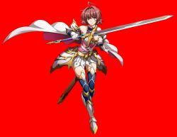 Rule 34 | 1girl, ahoge, armor, armored boots, betty (langrisser), blue legwear, boots, breasts, brown eyes, brown hair, cape, cleavage, closed mouth, collarbone, faulds, full body, gloves, hair intakes, highres, holding, holding sword, holding weapon, langrisser, large breasts, looking at viewer, miniskirt, official art, sheath, shiny clothes, shiny legwear, short hair, skirt, smile, solo, standing, sword, transparent background, weapon, white cape, white gloves, white skirt