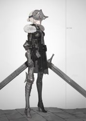 Rule 34 | 1girl, armored boots, asymmetrical clothes, blue eyes, bodysuit, boots, breasts, falslander, fur collar, gauntlets, high heel boots, high heels, highres, holding, holding sword, holding weapon, medium breasts, neco, original, profile, ritter (neco), short hair, silver hair, solo, standing, sword, thighhighs, visor lift, weapon