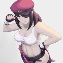 Rule 34 | 1girl, bare arms, bare shoulders, belt, black gloves, black thighhighs, breasts, brown belt, brown hair, cleavage, collarbone, commentary request, eyepatch, fingerless gloves, from above, gloves, han juri, hand on headwear, hand on own hip, hat, long hair, looking at viewer, medium breasts, midriff, military hat, nail polish, navel, noppo (tarstation), official alternate costume, parted lips, peaked cap, pink nails, purple eyes, red hat, sidelocks, simple background, smile, smirk, solo, standing, stomach, street fighter, street fighter v, tank top, thighhighs, white tank top, wristband