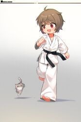 Rule 34 | 1boy, :d, absurdres, ahoge, artist name, barefoot, belt, black belt, brown hair, cat, chinese commentary, clenched hand, commentary request, dougi, fang, full body, gradient background, grey background, grey fur, highres, kuma-bound, male focus, martial arts belt, open mouth, original, pants, red eyes, running, short hair, simple background, smile, toes, whiskers, white pants