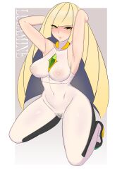 Rule 34 | 1girl, absurdres, adapted costume, armpits, arms up, bare shoulders, black footwear, blonde hair, blush, bodysuit, border, breasts, cameltoe, character name, closed mouth, collarbone, covered navel, creatures (company), eyes visible through hair, female pubic hair, full body, game freak, gradient background, green eyes, grey background, half-closed eyes, high heels, highres, impossible clothes, kneeling, large breasts, lips, long hair, looking at viewer, lusamine (pokemon), nintendo, nipples, pokemon, pokemon sm, pubic hair, see-through, shnibbles, simple background, skin tight, sleeveless, smile, solo, spread legs, tears, white border