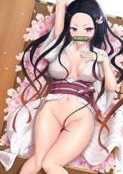Rule 34 | 1girl, arm up, artist name, bit gag, black hair, bottomless, box, breasts, cleavage, collarbone, convenient censoring, cyicheng, feet out of frame, flower, forehead, from above, gag, gagged, gluteal fold, hair censor, hair ribbon, hand on own chest, in box, in container, japanese clothes, kamado nezuko, kimetsu no yaiba, kimono, large breasts, long hair, looking at viewer, lying, naked kimono, navel, no bra, no panties, obi, on back, petals, pink flower, purple eyes, ribbon, sash, short kimono, short sleeves, solo, striped clothes, striped kimono, thigh gap, thighs, vertical-striped clothes, vertical-striped kimono, white kimono, white ribbon