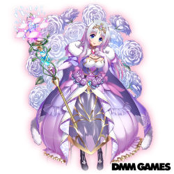 Rule 34 | 1girl, blue eyes, braid, breasts, cape, cleavage, copyright name, dmm, floral background, flower, flower knight girl, full body, gem, hand on own chest, large breasts, light purple hair, long hair, looking at viewer, name connection, novalis (flower knight girl), object namesake, official art, parted bangs, plant, purple cape, purple flower, purple rose, rose, see-through, solo, staff, standing, tagme, thighhighs, tiara, tongue, tongue out, white background