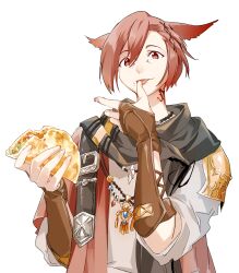 Rule 34 | 1boy, absurdres, amulet, animal ears, armor, black scarf, brown gloves, cat ears, facial mark, final fantasy, final fantasy xiv, fingerless gloves, food, g&#039;raha tia, gloves, hair between eyes, hair ornament, highres, holding, holding food, jewelry, licking, licking finger, male focus, miqo&#039;te, neck tattoo, necklace, nuoi407, red eyes, red hair, scarf, shirt, short hair, shoulder armor, sleeves rolled up, slit pupils, solo, taco, tattoo, tongue, tongue out, white background, white shirt, x hair ornament