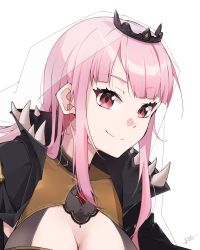 Rule 34 | black dress, blunt bangs, breasts, capelet, cleavage, dress, gem, highres, hololive, hololive english, large breasts, long hair, looking at viewer, mori calliope, pink hair, shoulder spikes, simple background, smile, solo, spikes, tiara, veil, virtual youtuber, waku daku, white background