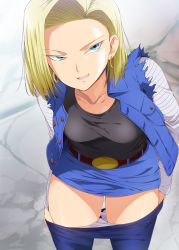 Rule 34 | 1girl, android 18, belt, bent over, blonde hair, blue eyes, blue skirt, bob cut, breasts, clothes pull, dragon ball, dragonball z, earrings, highres, hoop earrings, jacket, jewelry, kaiga, legs, looking at viewer, naughty face, open clothes, open jacket, outdoors, panties, panty pull, pantyhose, pantyhose pull, parted lips, raglan sleeves, short hair, skirt, smile, solo, standing, thighs, underwear, undressing