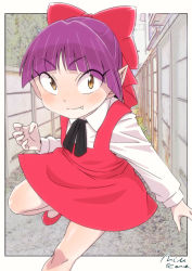 Rule 34 | 1girl, alley, cat girl, dress, fang, fang out, gegege no kitarou, gegege no kitarou 6, legs together, looking at viewer, mizukane, nekomusume, nekomusume (gegege no kitarou 6), open mouth, outdoors, short hair, simple background, smile, solo, spoilers, white background, aged down