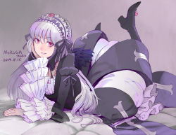 Rule 34 | 1girl, arm support, artist name, boots, bow, dated, dress, frilled sleeves, frills, gothic lolita, hairband, head rest, high heels, highres, light purple hair, lolita fashion, lolita hairband, long hair, looking at viewer, lying, moruga, on stomach, pink eyes, rozen maiden, silver hair, smile, solo, suigintou