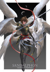 Rule 34 | 1boy, ahoge, armor, belt, blue belt, boots, breastplate, brown hair, character name, commentary request, copyright name, english text, expressionless, falling feathers, feathered wings, feathers, fingerless gloves, floating cape, floating clothes, full body, gloves, gradient background, granblue fantasy, hair between eyes, high heel boots, high heels, highres, hip armor, holding, holding sword, holding weapon, hood, hood down, leather, leather pants, looking at viewer, male focus, messy hair, pants, red eyes, red ribbon, ribbon, sandalphon (granblue fantasy), short hair, solo focus, sword, tekki (tki), tight clothes, tight pants, turtleneck, weapon, white feathers, white wings, wings
