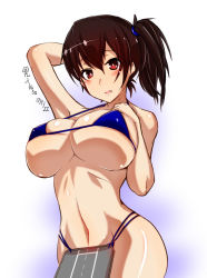 Rule 34 | 10s, 1girl, alternate costume, bare arms, bare shoulders, bikini, blue bikini, blush, breasts, brown hair, cleavage, covered erect nipples, cowboy shot, flight deck, fujikusa, groin, hair between eyes, kaga (kancolle), kantai collection, large breasts, looking at viewer, micro bikini, navel, parted lips, red eyes, shiny skin, side ponytail, smile, solo, stomach, swimsuit, underboob