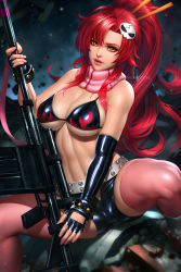 Rule 34 | 1girl, artist name, bare shoulders, bikini, bikini top only, breasts, cleavage, commentary, elbow gloves, english commentary, fingerless gloves, gloves, gun, holding, holding gun, holding weapon, large breasts, lips, looking at viewer, midriff, mole, mole on stomach, nail polish, navel, neoartcore, orange eyes, parted lips, patreon username, ponytail, red hair, shorts, sitting, sleeveless, solo, swimsuit, teeth, tengen toppa gurren lagann, thighhighs, watermark, weapon, yoko littner