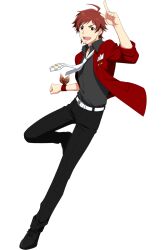 Rule 34 | 1boy, ahoge, belt, black footwear, black pants, buttons, collared shirt, facial hair, full body, goatee, highres, idolmaster, idolmaster side-m, male focus, necktie, official art, open clothes, open mouth, pants, red eyes, red hair, shirt, shoelaces, shoes, sleeves rolled up, tales of asteria, teeth, tendo teru, transparent background, upper teeth only, white belt, white necktie