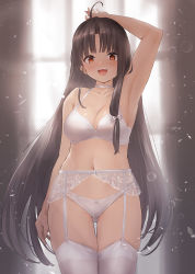 Rule 34 | 1girl, ahoge, arm up, armpits, bad anatomy, black hair, blush, bow, bow bra, bow panties, bra, breasts, brown eyes, cleavage, collarbone, cowboy shot, crotch seam, garter belt, gluteal fold, kantai collection, large breasts, long hair, navel, open mouth, panties, shouhou (kancolle), smile, solo, thighhighs, toka (marchlizard), underwear, underwear only, very long hair, white bra, white panties, white thighhighs