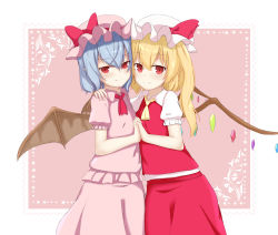Rule 34 | 2girls, absurdres, arm around shoulder, arm up, ascot, bat wings, blonde hair, blue hair, blush, bow, fang, female focus, flandre scarlet, flat chest, half-closed eyes, hand up, hat, hat bow, highres, holding hands, looking at viewer, mob cap, multiple girls, pink background, pink headwear, pink shirt, pink skirt, red ascot, red bow, red eyes, red skirt, red vest, remilia scarlet, shirt, short hair, short sleeves, side ponytail, simple background, skirt, smile, standing, touhou, vest, white headwear, white shirt, wings, yellow ascot