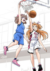 Rule 34 | 2girls, absurdres, ankle socks, arm up, artist name, ball, basketball, basketball (object), basketball hoop, basketball jersey, basketball uniform, black footwear, black socks, blue shirt, blue shorts, blue socks, brown hair, commentary, dated, delicious party precure, frown, full body, grimace, hair ribbon, highres, houjou hibiki, in-franchise crossover, jumping, long hair, medium hair, motion blur, multiple girls, nike (company), pink footwear, pink ribbon, precure, purple eyes, ribbon, satou yasu, shirt, shoes, shorts, signature, slam dunk (basketball), sleeveless, sleeveless shirt, sneakers, socks, sportswear, suite precure, sweatdrop, two side up, v-shaped eyes, white shirt, white shorts, white socks