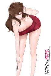 Rule 34 | 1girl, bare shoulders, bent over, breasts, brown hair, cleavage, closed eyes, dress, highres, huge breasts, knife, legs, libre, long hair, long legs, lupin iii, mine fujiko, red dress, shiny skin, simple background, solo, thighs, white background