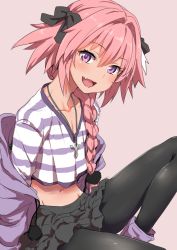 Rule 34 | 1boy, :d, astolfo (fate), astolfo (memories at trifas) (fate), black pantyhose, black ribbon, black skirt, blush, boots, braid, clearite, collarbone, crop top, crop top overhang, fang, fate/apocrypha, fate (series), hair between eyes, hair ribbon, jewelry, long hair, looking at viewer, male focus, midriff, navel, necklace, official alternate costume, open mouth, pantyhose, pink background, pink hair, purple eyes, ribbon, simple background, single braid, skirt, smile, solo, trap