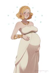 Rule 34 | 1girl, absurdres, blonde hair, blue eyes, blush, braid, breasts, dress, elf, hair ornament, hairclip, hand on own stomach, happy, highres, jewelry, large breasts, looking at viewer, necklace, nintendo, pagonaya, pointy ears, pregnant, princess zelda, short hair, smile, solo, the legend of zelda, the legend of zelda: breath of the wild, the legend of zelda: tears of the kingdom, triforce