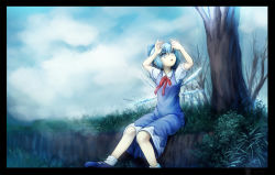 Rule 34 | 1girl, arms up, bare tree, black border, blue dress, blue eyes, blue footwear, blue hair, border, bow, cirno, cloud, cloudy sky, commentary, day, dress, foot out of frame, grass, hair between eyes, hair bow, ice, ice wings, mary janes, nekonekosan (kemushima3), open mouth, outdoors, pinafore dress, puffy short sleeves, puffy sleeves, red ribbon, ribbon, shirt, shoes, short hair, short sleeves, sky, sleeveless dress, socks, solo, touhou, tree, white shirt, white socks, wing collar, wings
