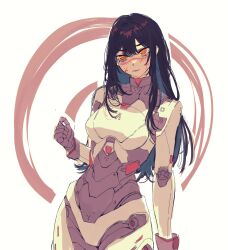 Rule 34 | 1girl, absurdres, alternate costume, alternate universe, black hair, blood, blood on face, blunt bangs, chainsaw man, closed mouth, cowboy shot, highres, long hair, ms tsukii, multicolored eyes, power suit, red eyes, ringed eyes, scar, scar on face, science fiction, simple background, solo, white background, yellow eyes, yoru (chainsaw man)