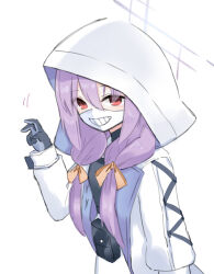 Rule 34 | 1girl, atsuko&#039;s grin (meme), atsuko (blue archive), blue archive, coat, commentary, gloves, hair between eyes, hair ribbon, highres, hood, hood up, long hair, long sleeves, looking at viewer, mask, meme, mouth mask, orange ribbon, purple hair, red eyes, ribbon, simple background, solo, symbol-only commentary, upper body, v, walter (diereinewelt), white background, white coat, white mask