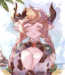 Rule 34 | 1girl, animal print, arutoria (187497382), beach, blonde hair, blush, breasts, brooch, carmelina (granblue fantasy), cleavage, cleavage cutout, clothing cutout, cow print, draph, closed eyes, granblue fantasy, highres, horns, jewelry, large breasts, long hair, ocean, pointy ears, smile, solo, sweat, upper body