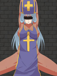 Rule 34 | aozora soda, arms up, blindfold, blue hair, blush, bodysuit, breasts, chunsoft, covered erect nipples, cross, dragon quest, dragon quest iii, enix, hat, highres, open mouth, priest (dq3), sweat, thighs